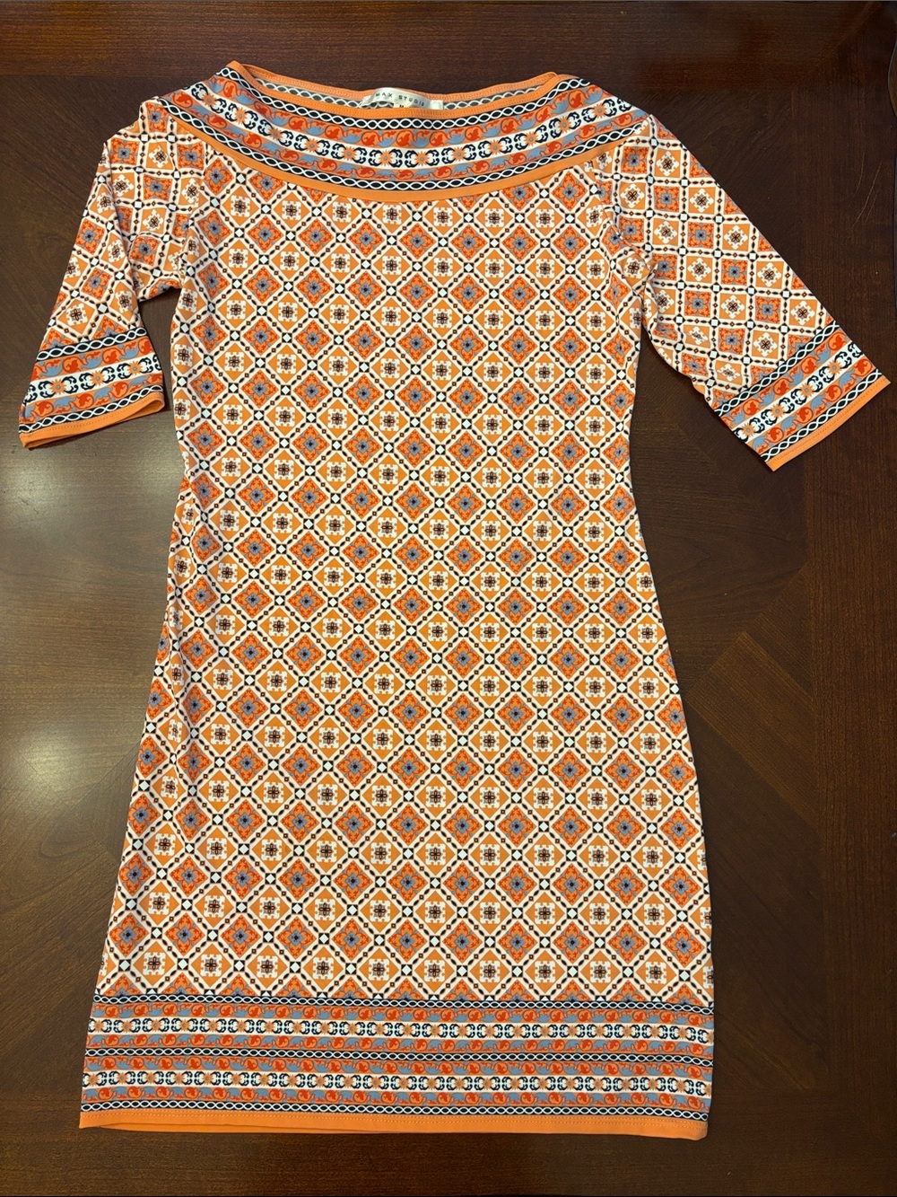 Max Studio Orange Geometric Shift Dress with Blue & White Accents